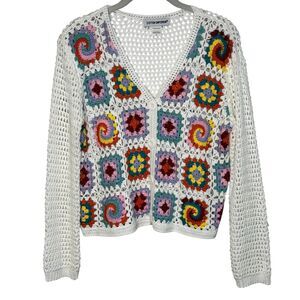 Cotton Emporium Sweater Womens Medium Multicolor Crochet Granny Square Cardigan